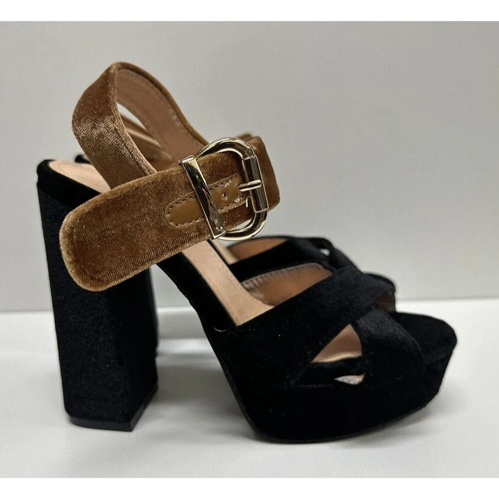 Annie Pinky women size US 6  black & brown textile  upper platform heel shoes